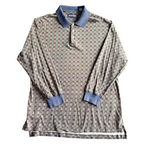Lawton Harbor Mens XL Long Sleeve Polo Shirt Checkered Geometric Blue‎ Green